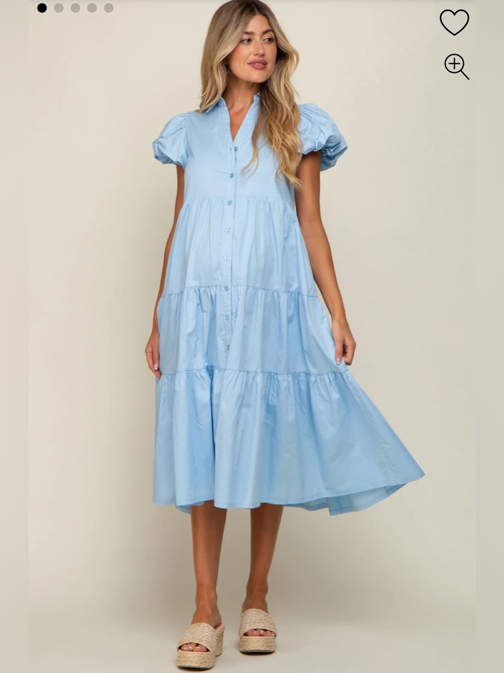Light Blue Puff Sleeve Button Down Maternity Midi Dres